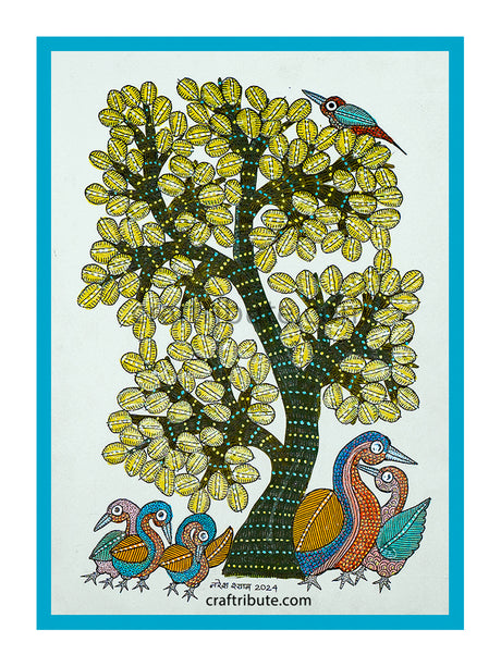 Hand painted Gond Art with frame by talented tribal artist of Madhya Pradesh showcasing the flora and fauna in great detail