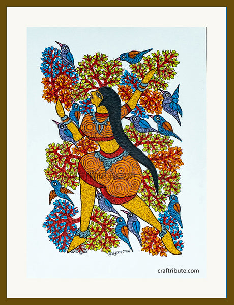 Tribal Art - Colourful and Intricate Gond Painting with frame depicting a Forest Goddess - Vandevi