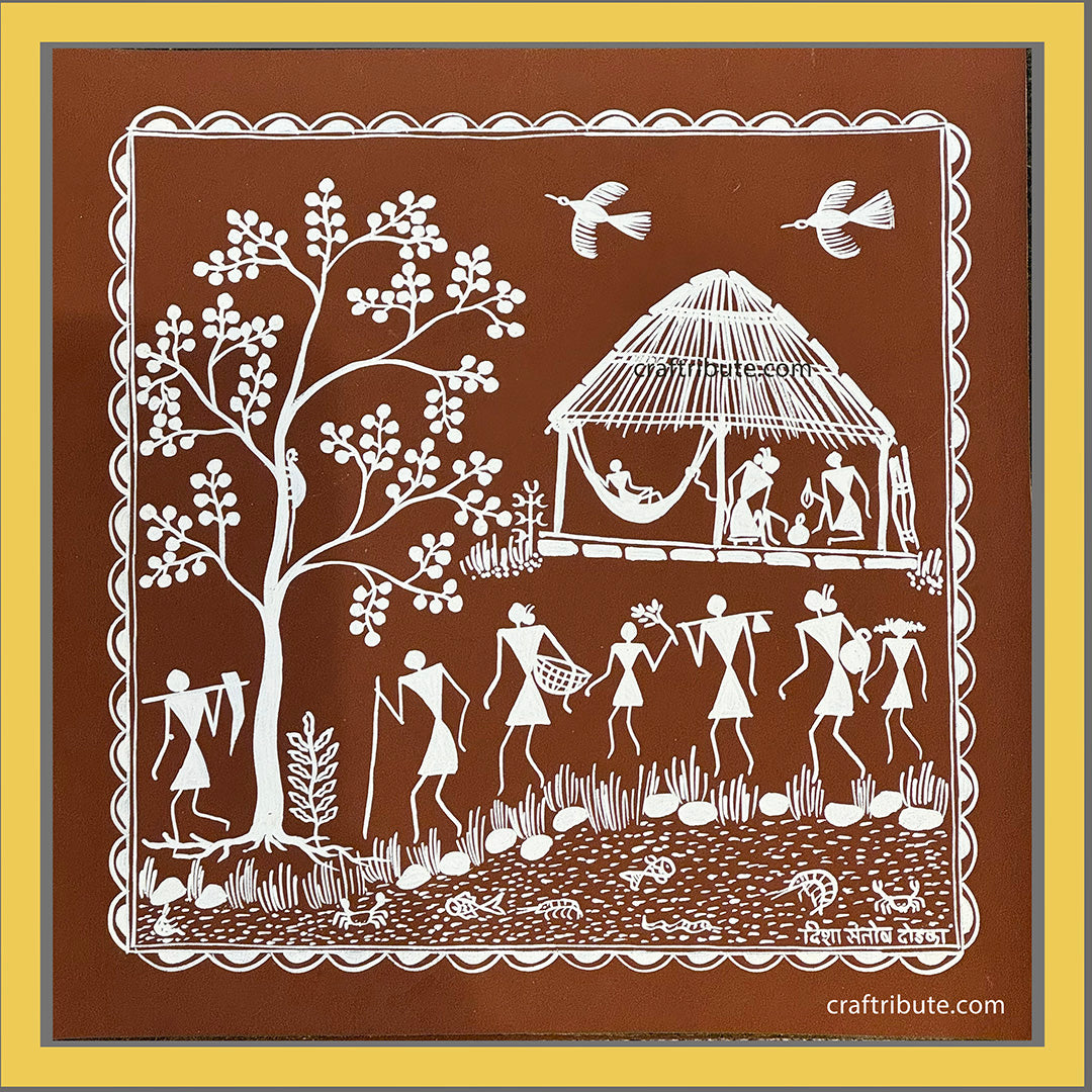 Authentic Tribal Warli Painting | Craftribute | Tree & House | Wall Decor 30 cm x 30 cm