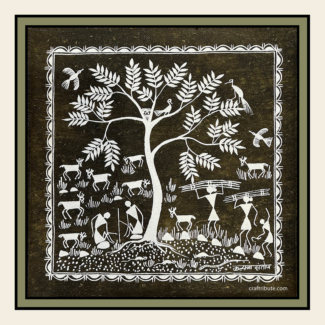 Authentic Warli Painting | Craftribute | Tree & Sheep | Wall Decor 30 cm x 30 cm