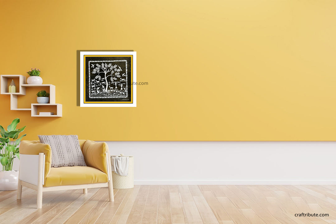Authentic Warli Painting | Craftribute | Tree & Sheep | Wall Decor 30 cm x 30 cm