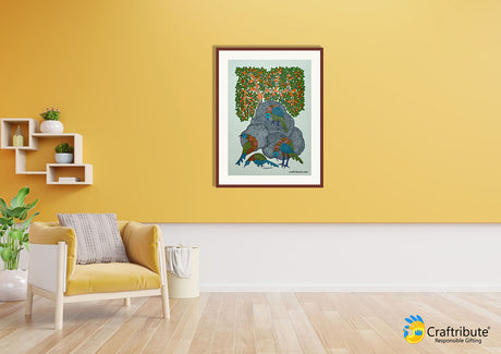 Tribal Gond Painting frame don the wall depicting Birds on Rock