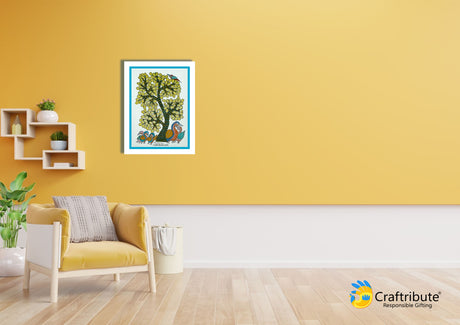 Yellow Home Wall with a framed Gond Painting with detailing of leaves and birds underneeth
