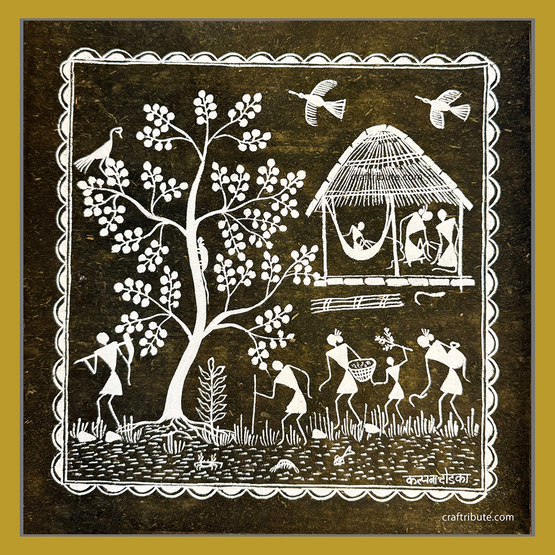 Authentic Tribal Warli Painting | Craftribute | Tree & House | Wall Decor 30 cm x 30 cm