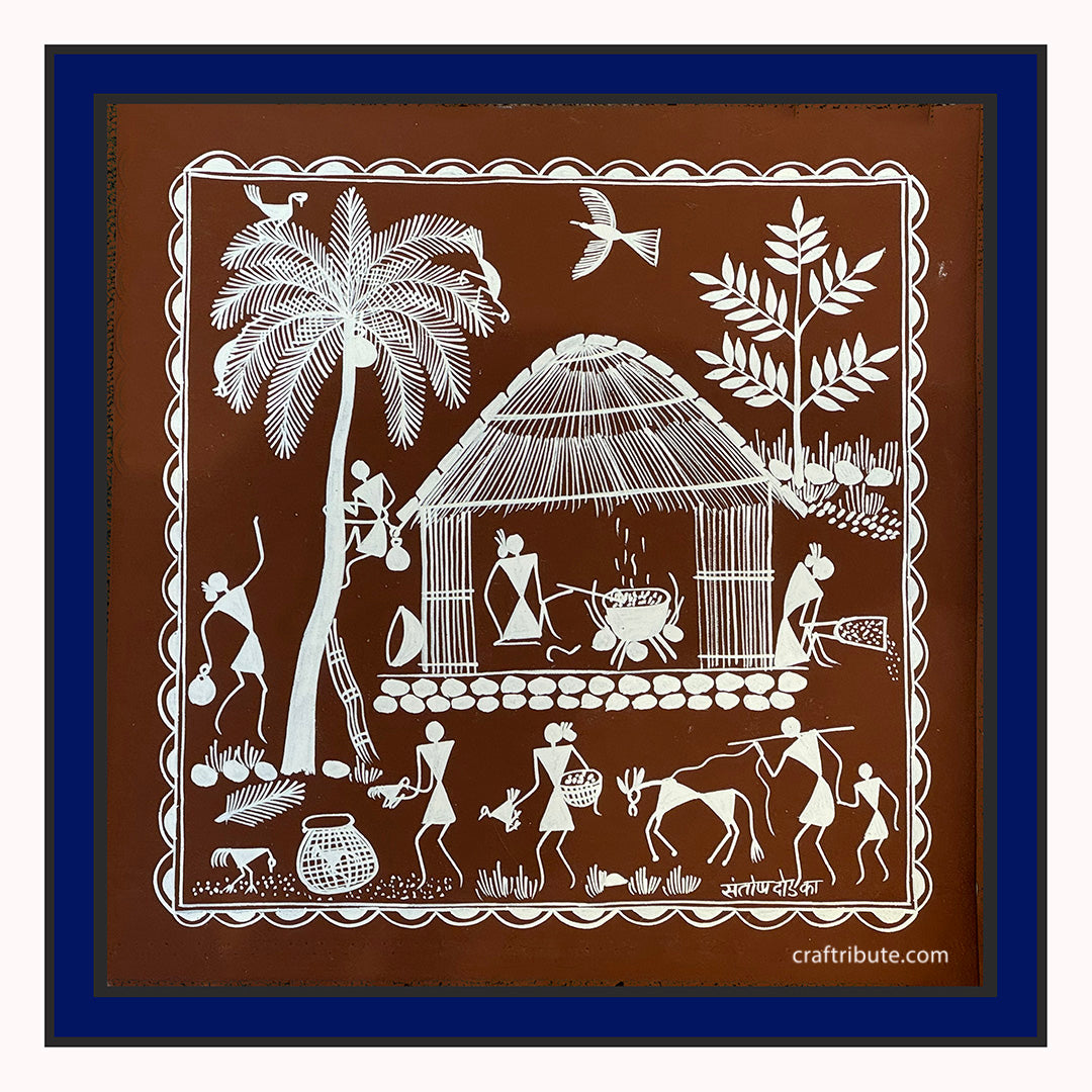 Tribal Warli Painting | Craftribute | Palm Tree and House | Wall Decor 30 cm x 30 cm