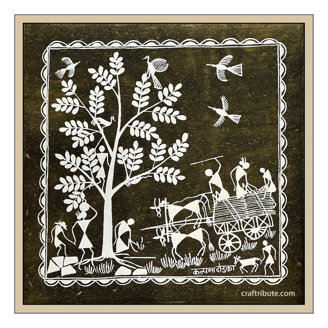 Tribal Warli Painting | Craftribute | Tree & Bullock Cart | Wall Decor 30 cm x 30 cm