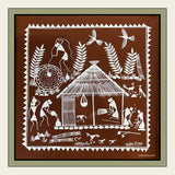 A square-framed Warli Painting depicting a village scene. Women doing household chores; men enjoying a quiet moment.